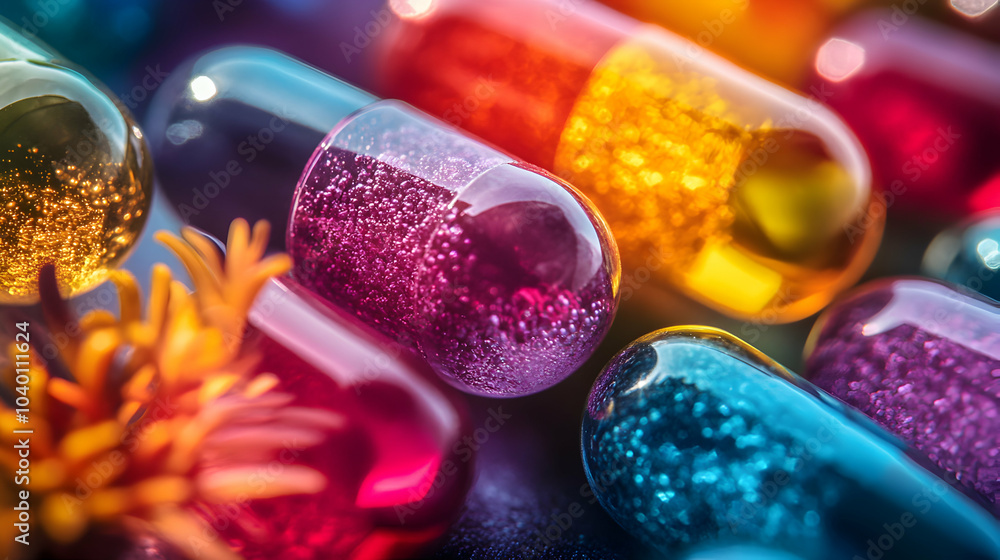 Poster top view of overlapping colorful capsules creating an abstract pattern on a white background