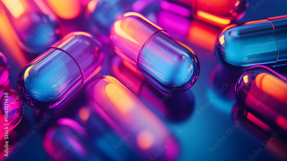 Poster top view of overlapping colorful capsules creating a layered effect on a light background