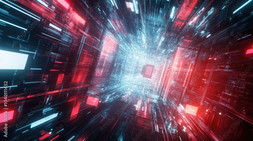 Poster abstract geometric patterns and glowing light paths on a high-tech digital backdrop.