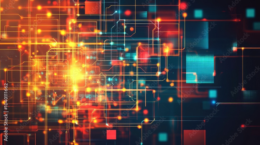 Poster abstract geometric patterns and glowing light paths on a high-tech digital backdrop.