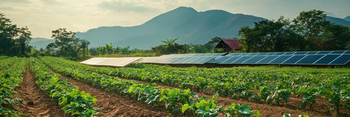 Sustainable Farming with Solar Irrigation, Farmers implementing eco-friendly irrigation methods in a thriving agricultural landscape.