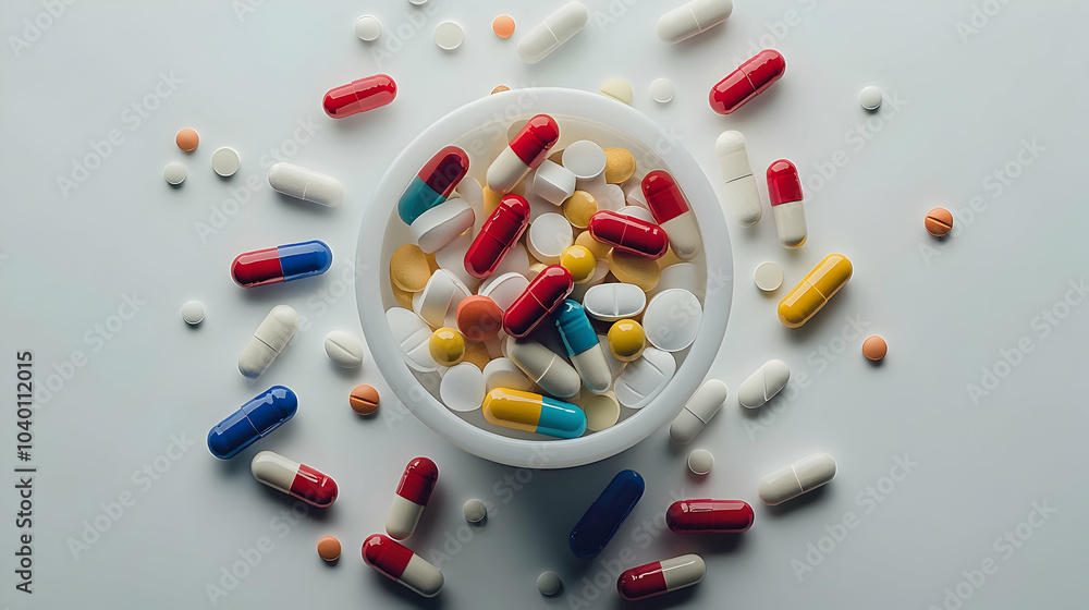 Poster top-down view of assorted colorful capsules spreading across a surface