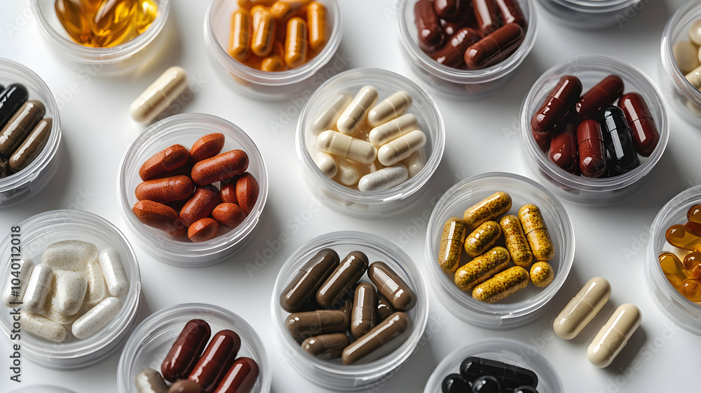 Poster top-down view of colorful assorted capsules spreading across a surface