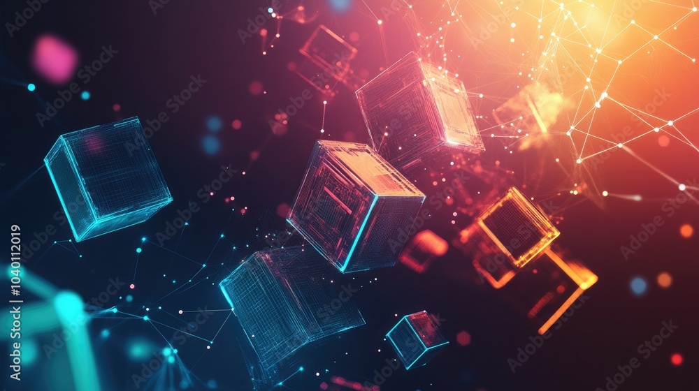 Aufkleber Abstract geometric shapes floating on a gradient tech background with digital connections.