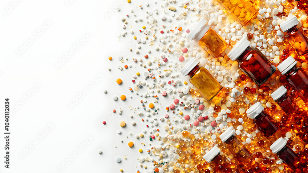 Poster a wide array of colorful medicine capsules spilling from multiple containers on a clean surface