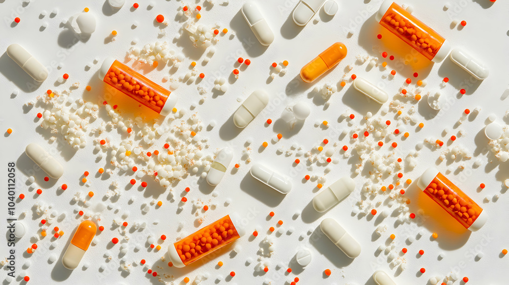 Aufkleber a wide array of colorful medicine capsules spilling from multiple bottles on a white surface