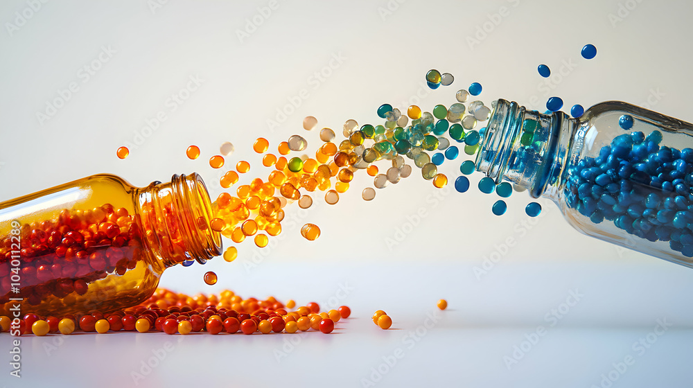 Poster assorted vibrant capsules creating a colorful trail on a white background
