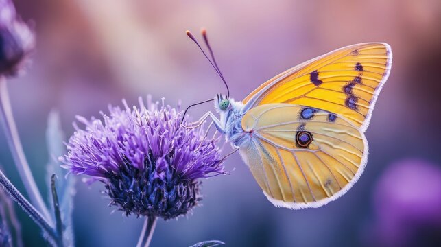  yellow butterfly feeding on a purple flower, with its delicate wings spread open - Powered by Adobe