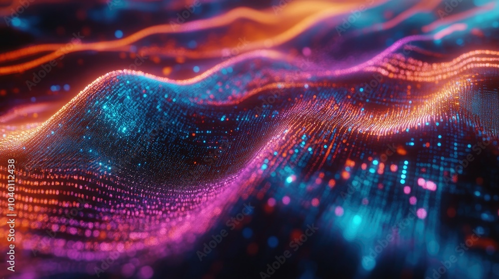 Poster abstract holographic designs with flowing data streams on a digital backdrop.