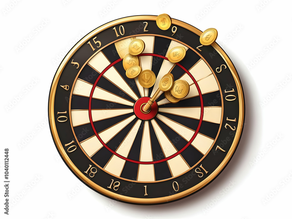 Poster flat dartboard vector illustration with embedded golden coins as dart points, realistic texture, iso