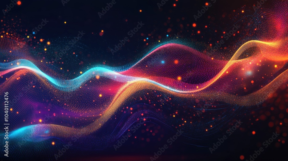 Poster abstract holographic designs with flowing data streams on a digital backdrop.
