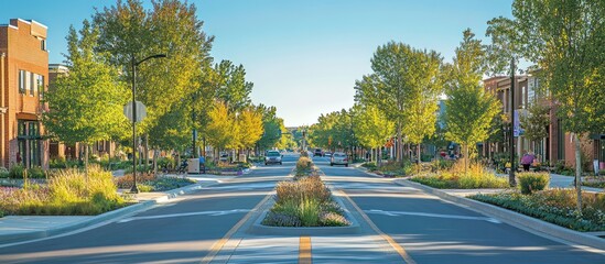 A wide street lined with trees and houses in a residential area. The street has a center median with grass and trees. There are cars driving down the street. The sky is blue and there are no clouds.