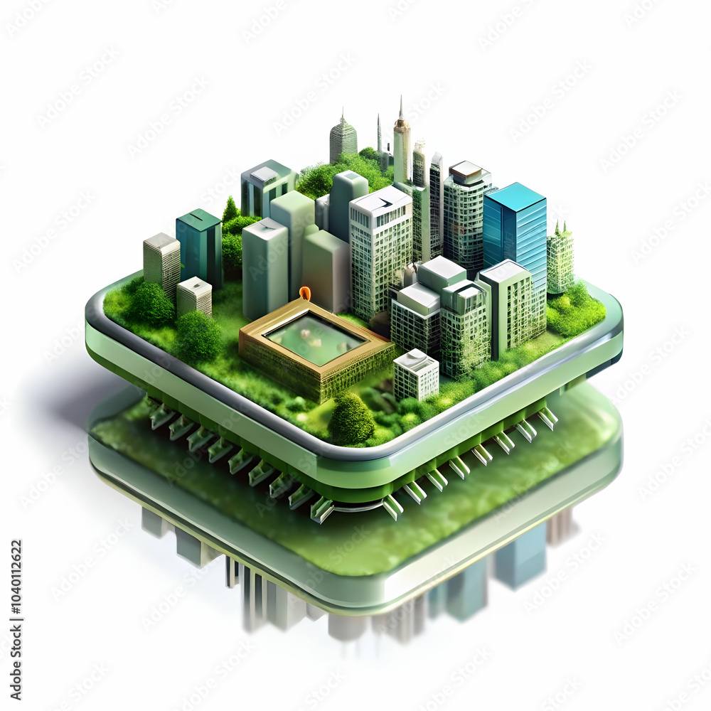Poster macro view microchip close up urban cityscape reflection ai impact business environment ample copy s