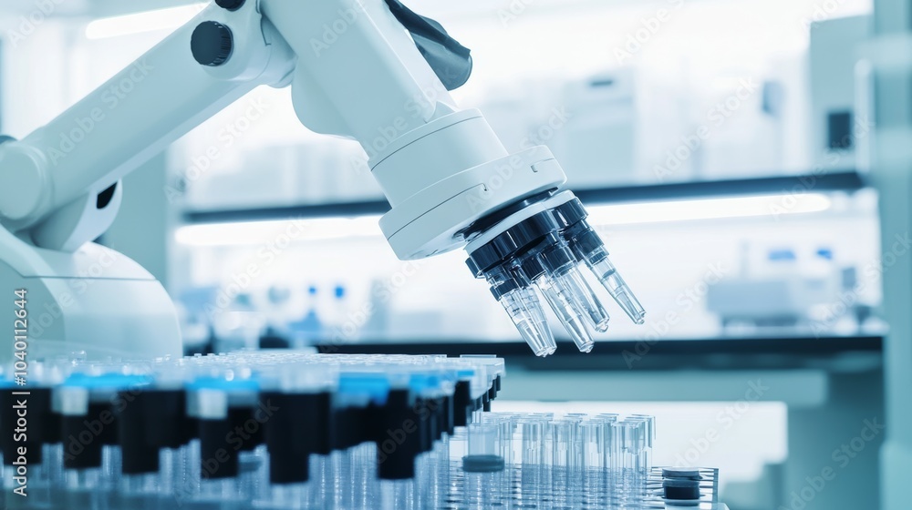 Poster A robot handling automated sorting of chemical samples in a modern chemical laboratory with clean, organized sorting stations and advanced chemical handling systems, Chemical sorting tech style
