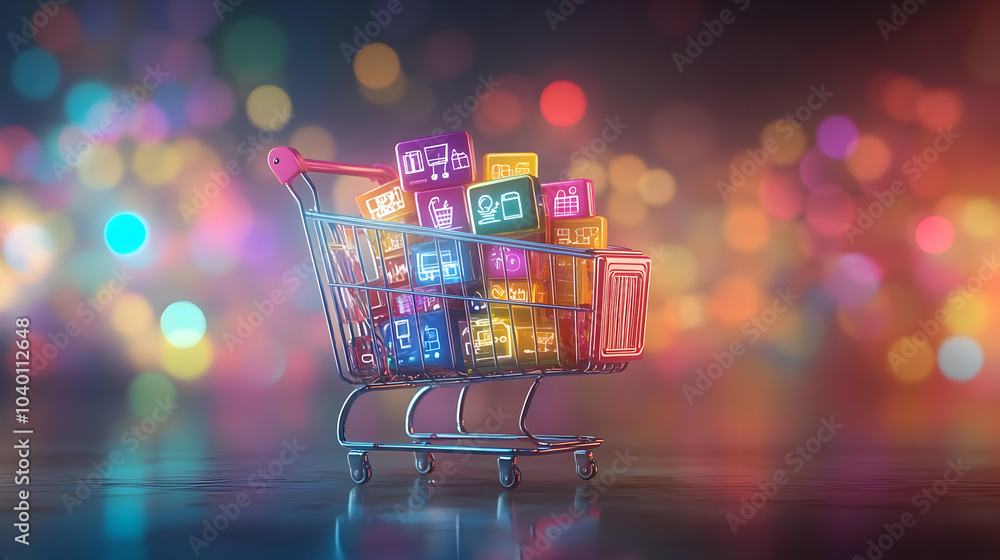 Poster 3d abstract shopping cart filled with digital icons on bokeh background | modern commerce digital ar