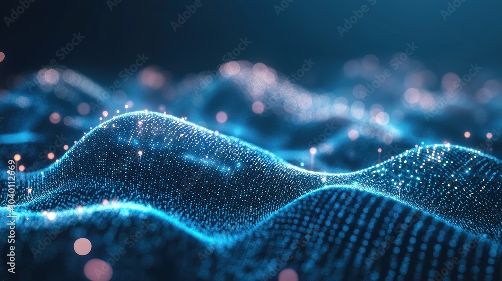Poster abstract holographic interface with floating data particles on a tech background.