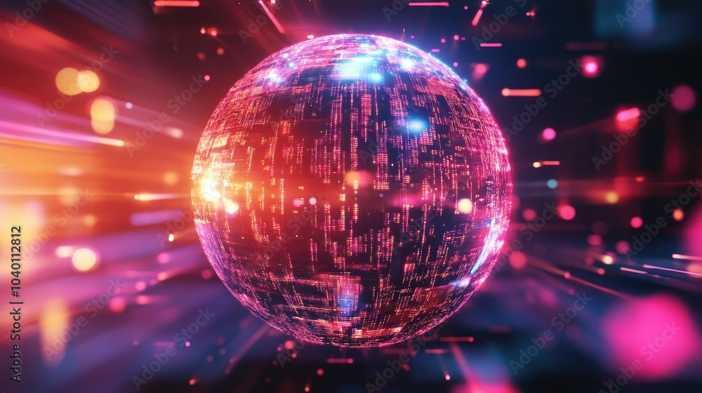 Poster abstract holographic sphere with floating data particles on a digital background.