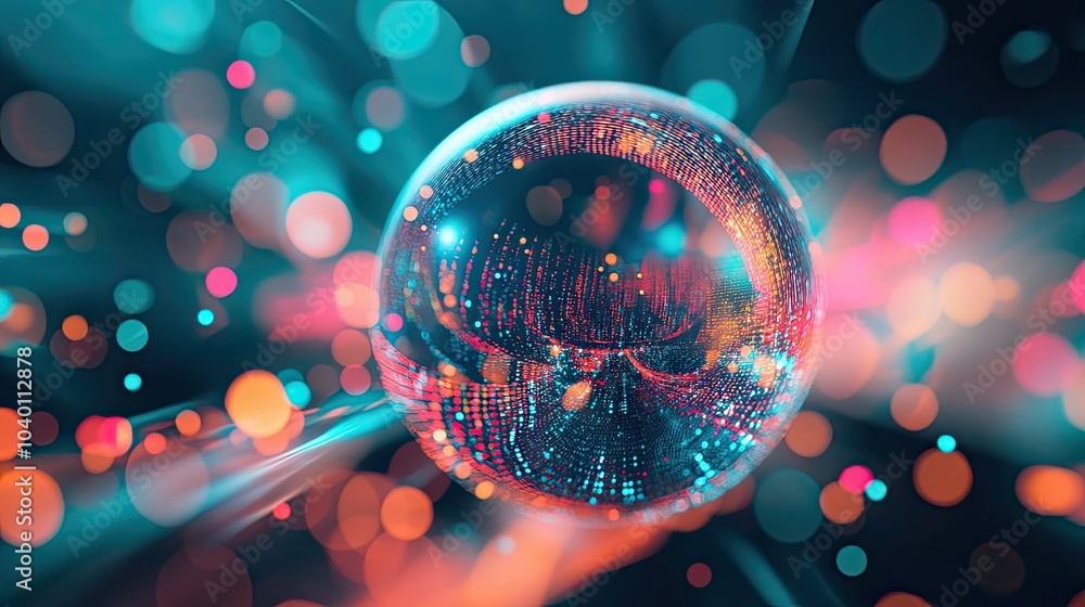 Poster abstract holographic sphere with floating data particles on a digital background.