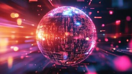 Abstract holographic sphere with floating data particles on a digital background.
