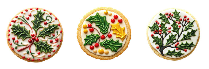 Set of a round cookie with a festive holly berry design made of colorful icing isolated on transparent background (2)