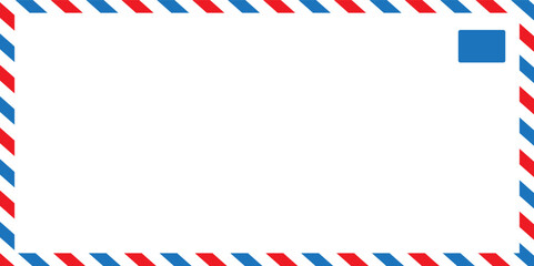 Vintage airmail envelope frame. Empty blank. Retro air mail postcard with diagonal blue and red stripes