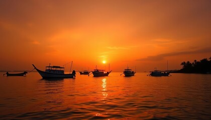 Naklejka premium Sunsets and sailboats A serene seaside scene