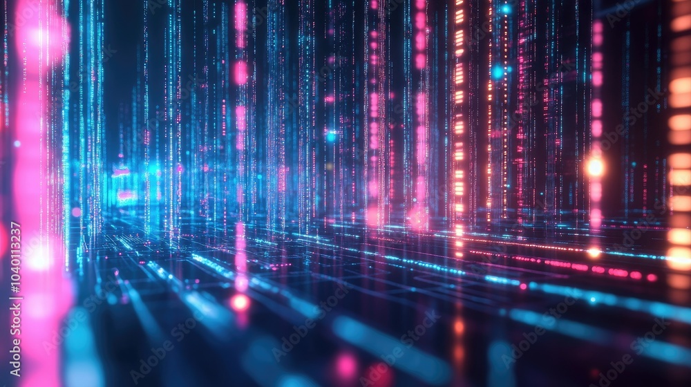 Poster abstract neon circuitry pattern with glowing data points on a tech process background.