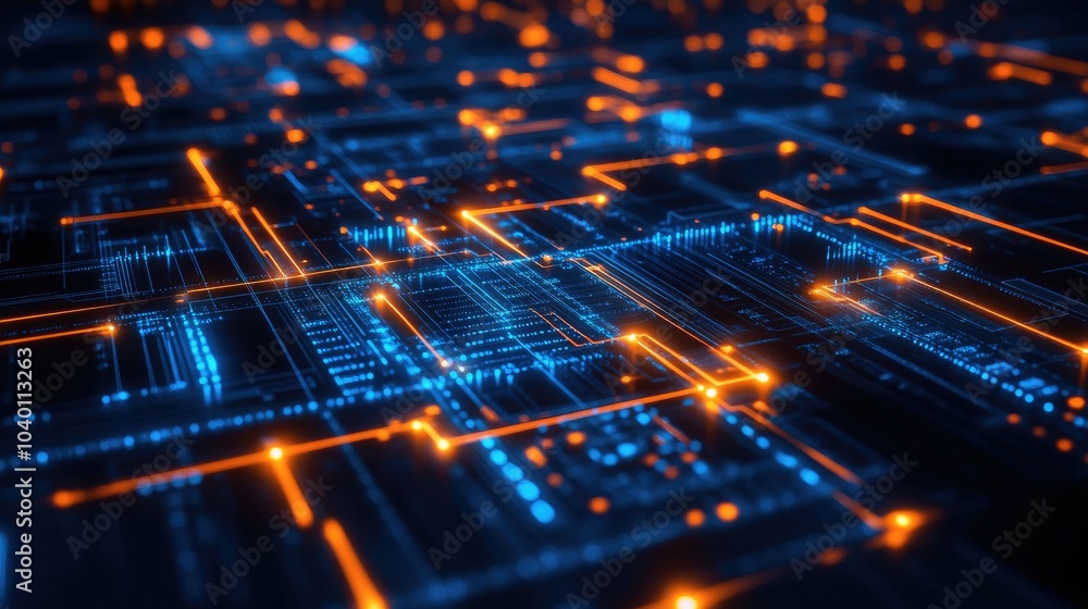 Aufkleber abstract neon circuitry pattern with glowing data points on a tech process background.