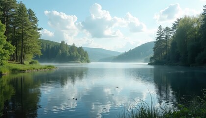  Tranquil lake scene with mountain backdrop and lush forest
