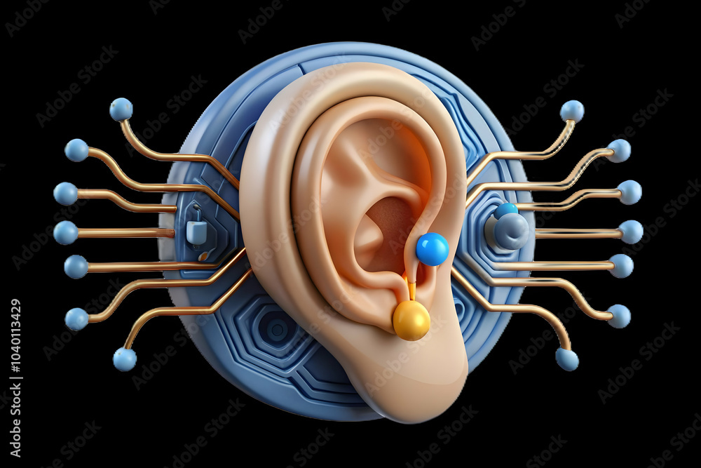 Poster close up human ear sound waves circuit overlay macro image technology enhanced communication ample c