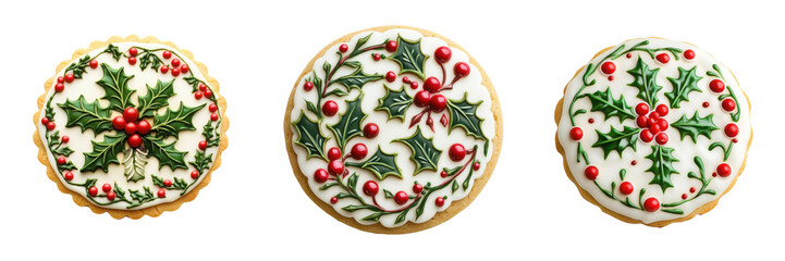 Set of a round cookie with a festive holly berry design made of colorful icing isolated on transparent background (4)
