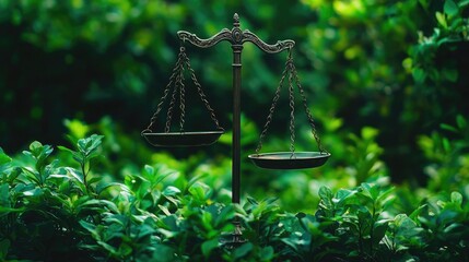 Scales of justice amidst green foliage symbolize the balance between law and environmental protection.