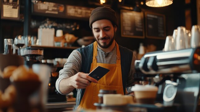 Barista holding credit card reader for customer to pay at cafe