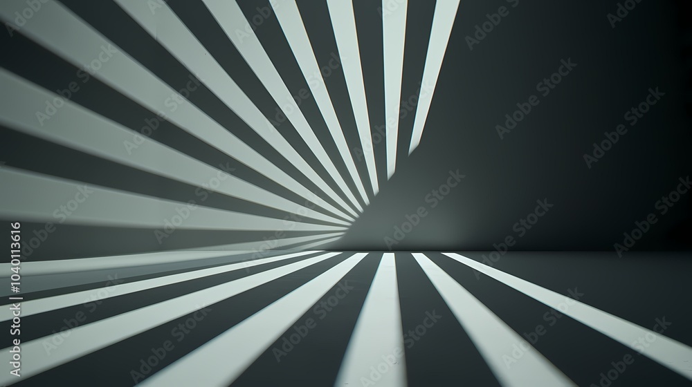 Poster the image is a minimalist, abstract composition with a pattern of light and dark stripes converging 