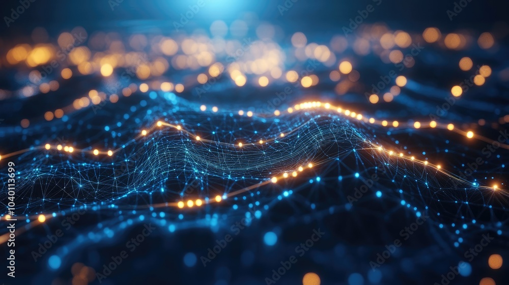 Poster abstract polygonal data network glowing on a dark futuristic tech background.