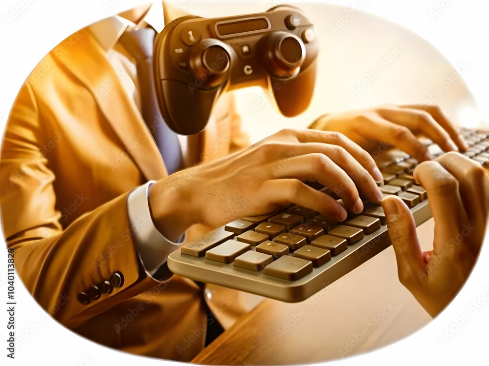 Poster macro shot of vr controllers hands typing virtual keyboard blurred office background symbolizing vir