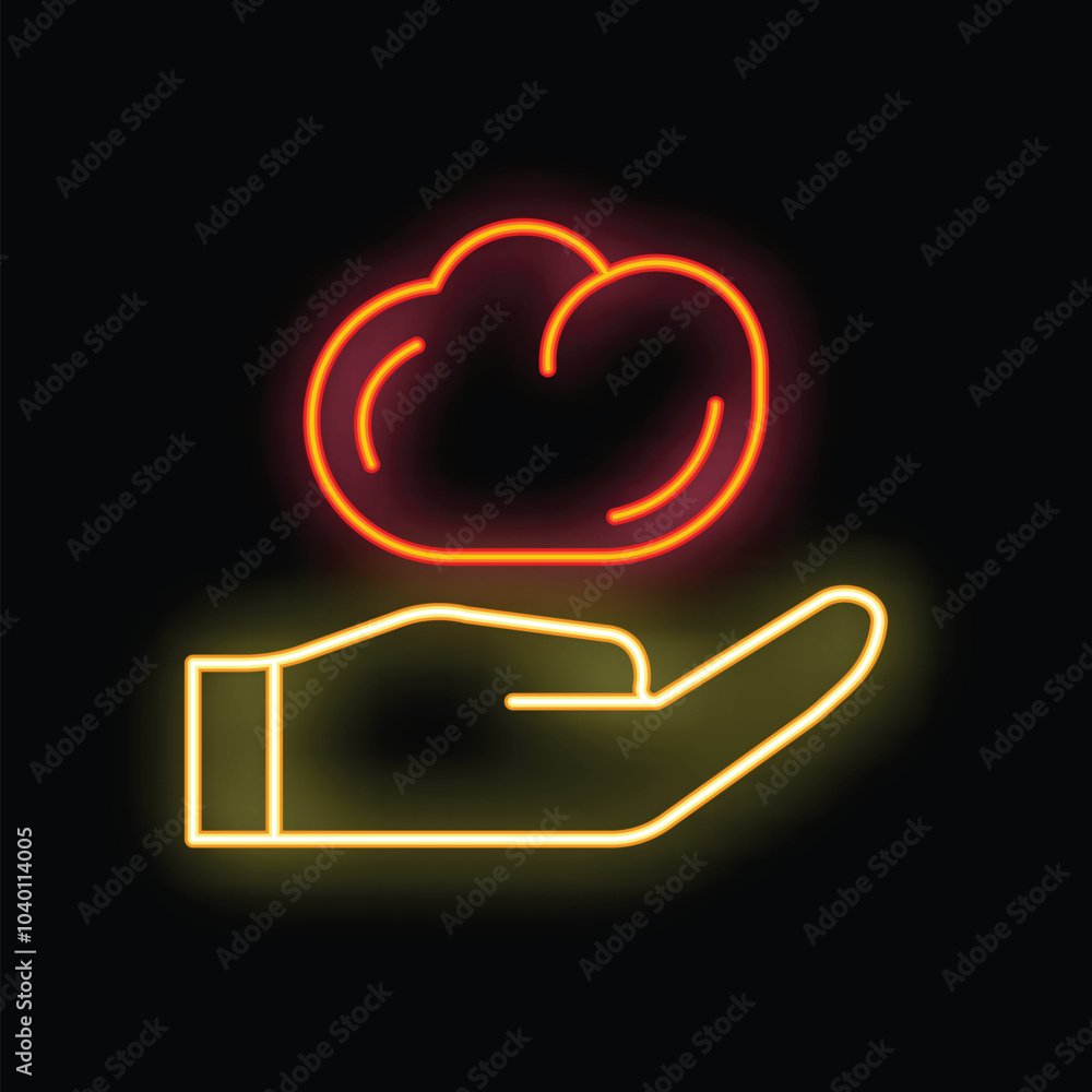 Poster neon sign illustrating a hand holding a cloud, representing cloud computing and data storage