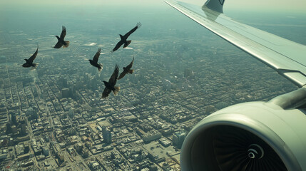A group of birds flying over a city. The birds are flying in a formation and are close to an airplane