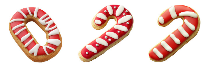 Set of a classic candy cane-shaped Christmas cookie isolated on transparent background (2)