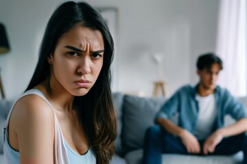 Fototapeta premium A beautiful brunette girl expresses disappointment during a quarrel with her boyfriend in a cozy living room setting