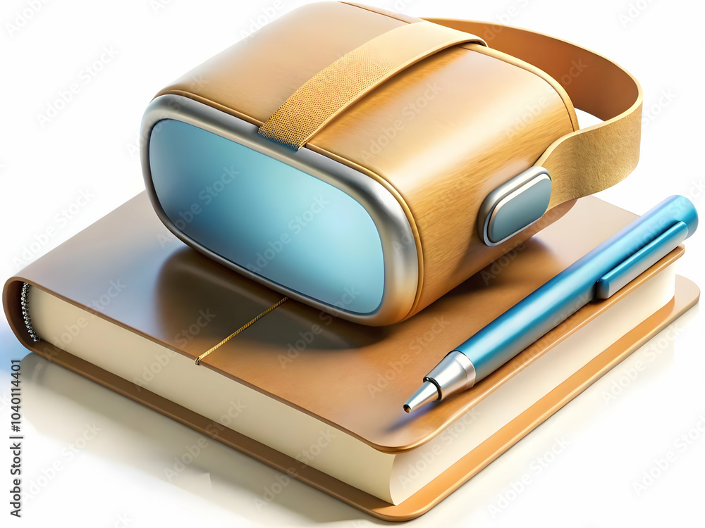 Poster vr headset and notebook on plain background, blending traditional note taking with virtual reality t