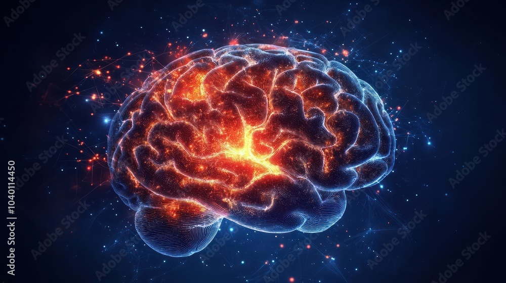 Poster big data and artificial intelligence concept. human brain glowing from processor, symbolizing the fu