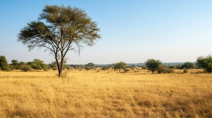African bushveld with dry grass and scattered trees, leaving room for copy.