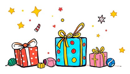 Christmas gifts that are hand drawn colorful with a white background, cartoon, and illustration, with a sense of joy and creativity.