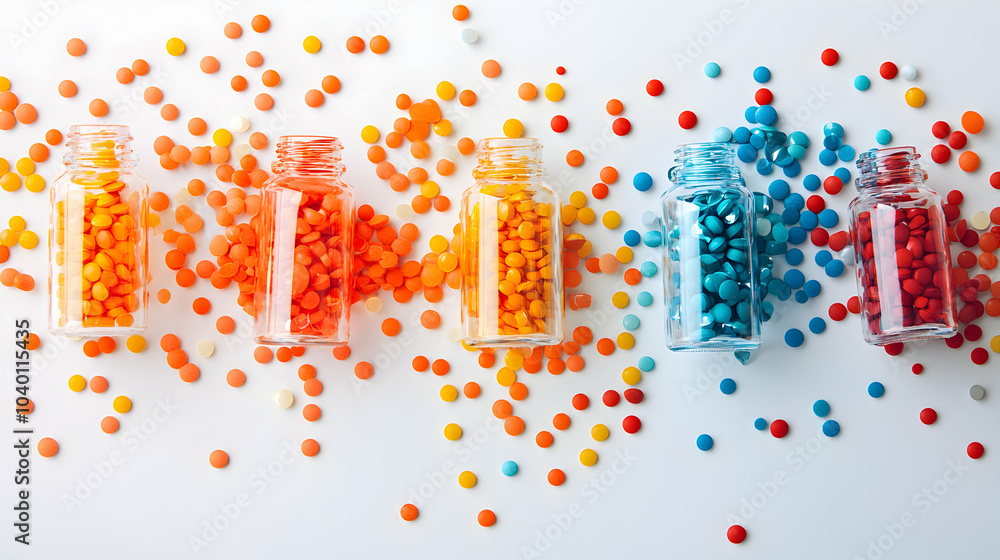 Poster multiple transparent bottles filled with vibrant capsules displayed on a clean surface