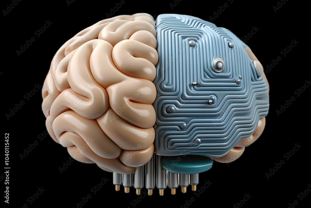 Poster human brain circuit board merge concept image | symbolizing integration of human intelligence with m