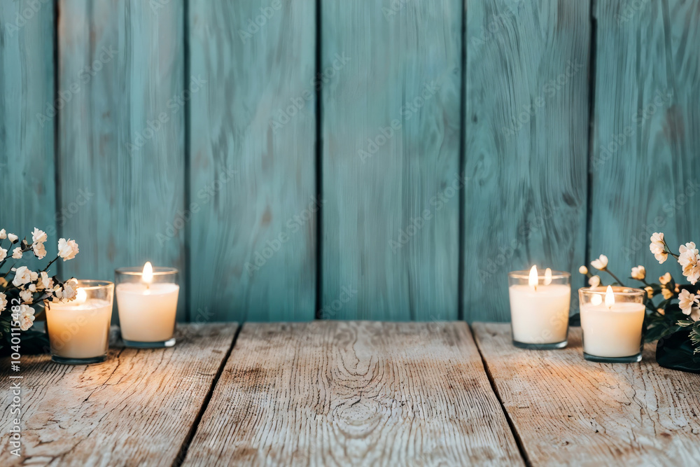 Poster Several lit candles are resting on a rustic wooden surface against a teal background with copy space