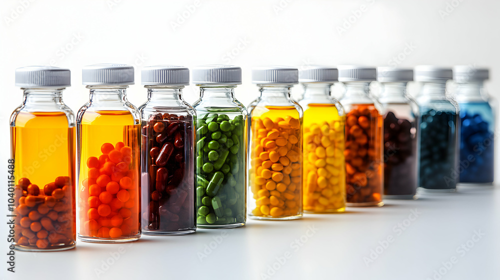 Poster multiple transparent bottles with colorful capsules on a clean surface