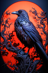 Fototapeta premium Dramatic illustration of a raven perched on twisted branches, set against a glowing red full moon, evoking a dark and mysterious atmosphere