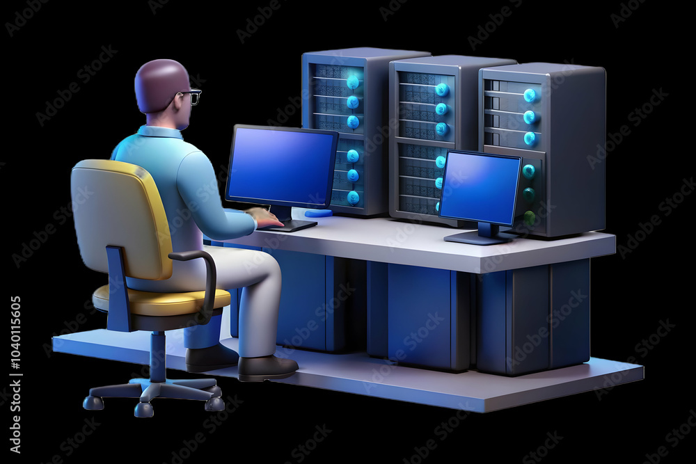 Poster it specialist monitoring ai systems in server room - candid image of it expert analyzing multiple sc
